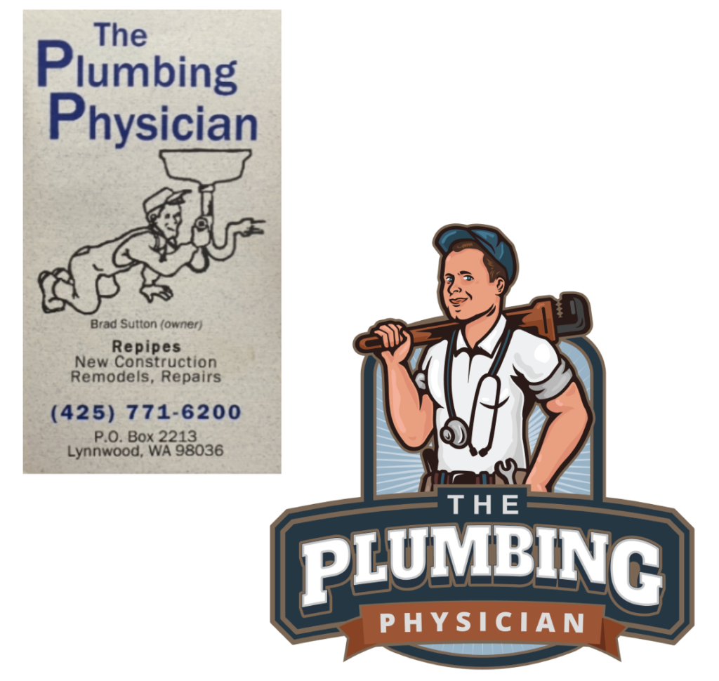 An image depicting a Plumbing Physician brochure, and their current logo