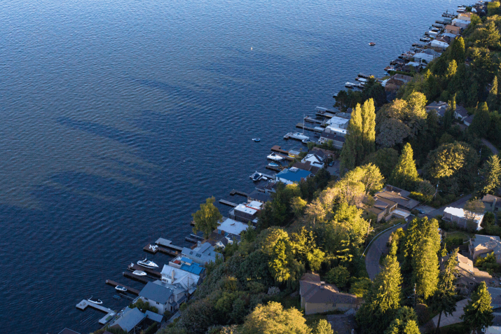 Aerial footage of shoreline in Kenmore, WA